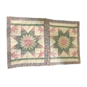 Vintage Lonestar Quilted Pillow Shams Pink Green Cream Floral Cottage core